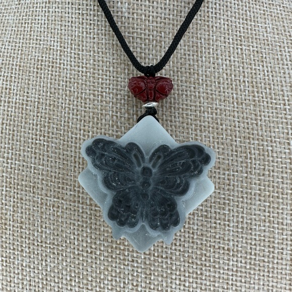 Tai Chi Stone Butterfly Pendant Necklace with Silver and Cinnabar on Rope - Picture 2 of 12